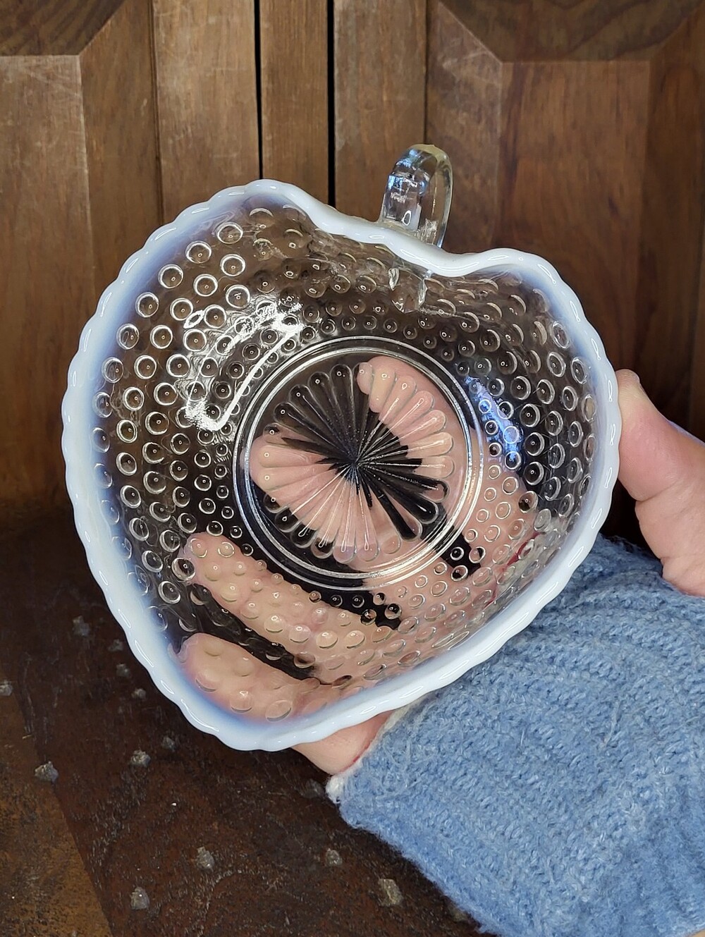 Heart Hobnail Opalescent Glass Handled Bowl